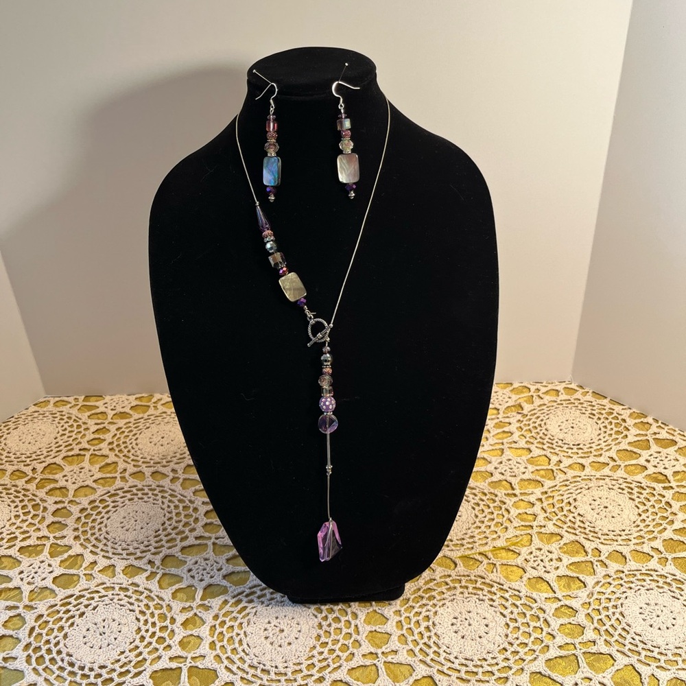 Purple and Silver Necklace Set with Dangle Earrings